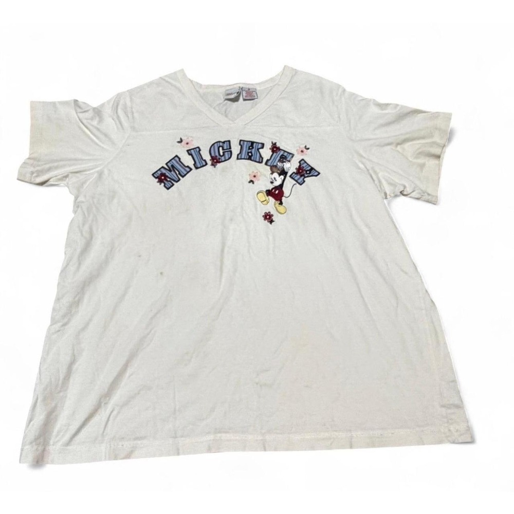 VTG Disney Plus Mickey Mouse Womens 2X White V Neck Embroidered Floral T Shirt